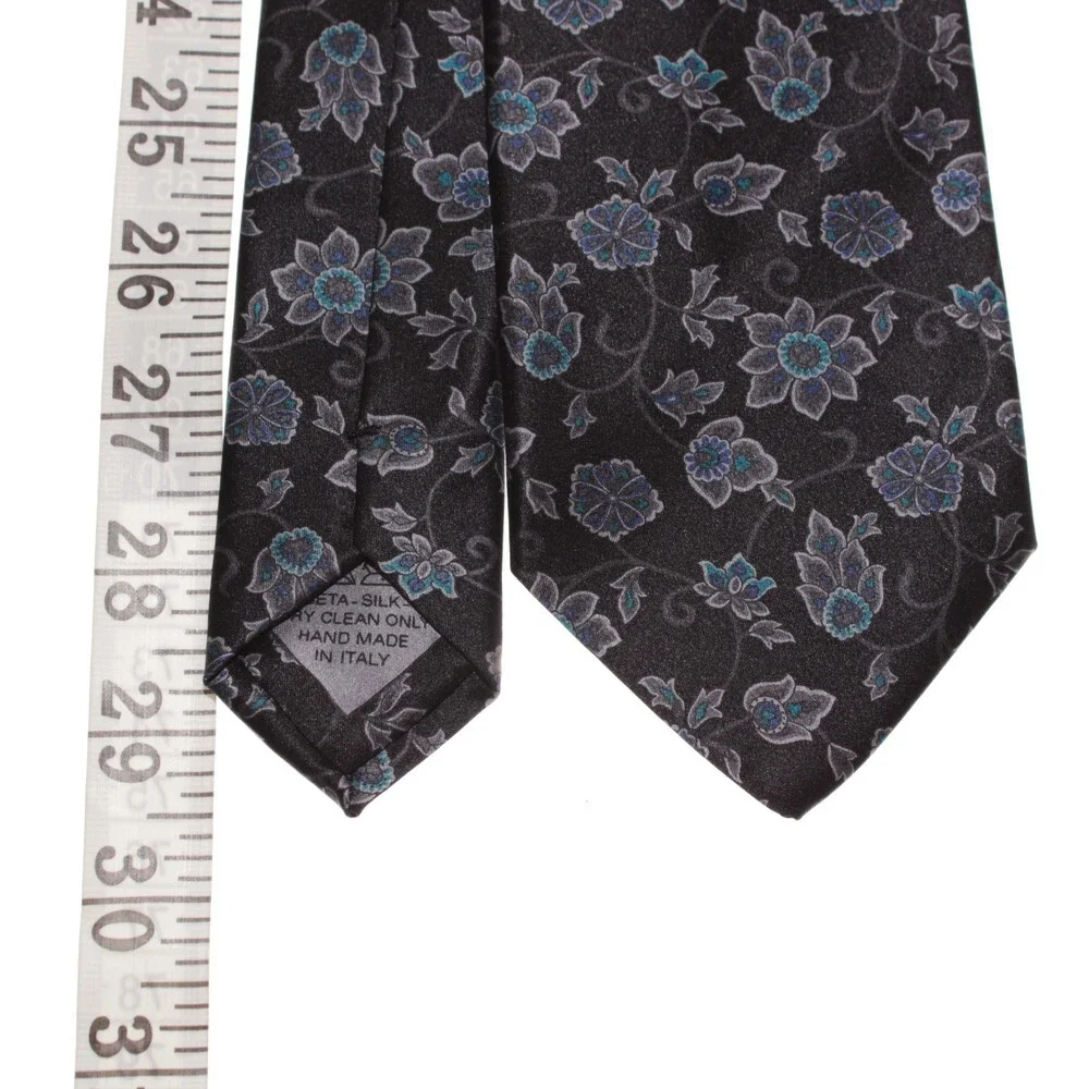 Brioni NWOT Neck Tie in Black with Gray & Blue Floral Print 100% Silk